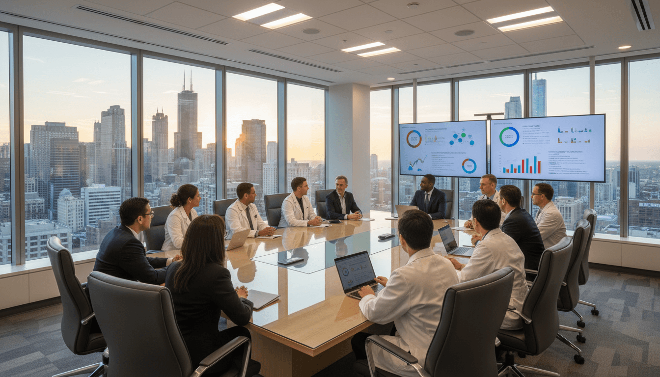Diverse group of physicians and executives in a hospital boardroom overlooking Chicago skyline.