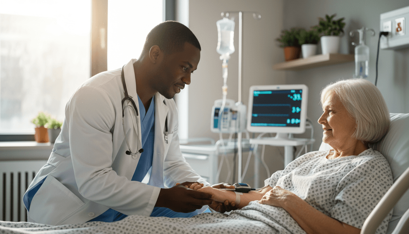Physician reviewing medical records and patient information