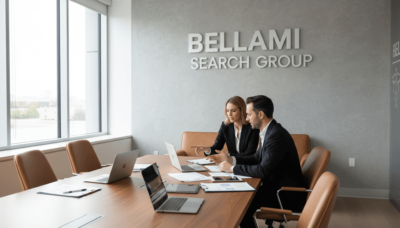 Recruitment professionals strategizing in a modern office with Bellami Search Group on the wall