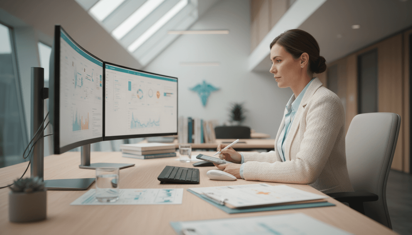 Healthcare administrator managing administrative tasks at a modern desk