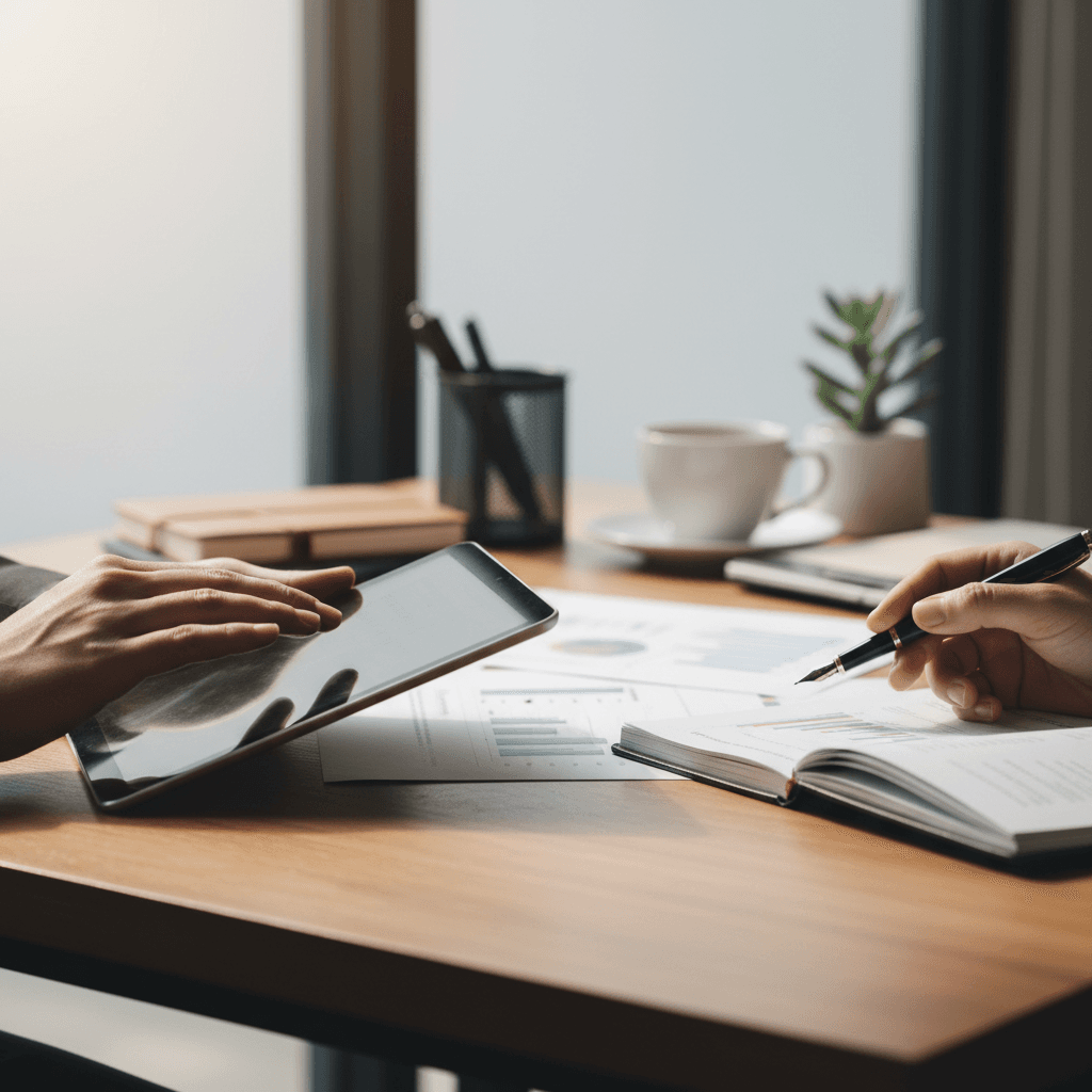 Healthcare administrator working with digital tools and documents