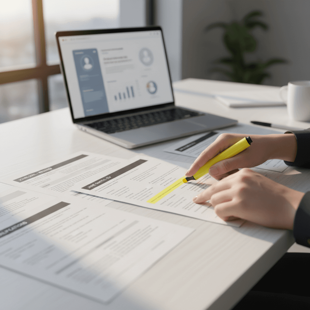 Recruitment professionals reviewing candidate profiles at a modern office desk