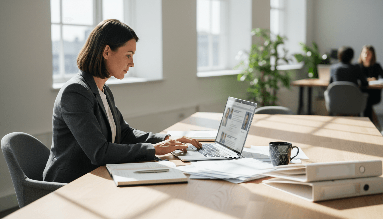 Healthcare recruiter reviewing physician and executive candidate profiles at desk