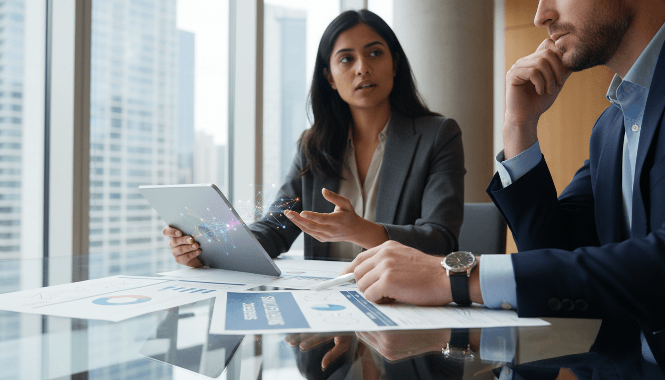 Two healthcare executives reviewing recruitment documents together in a professional office setting