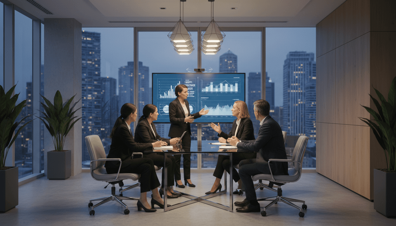 Healthcare executive leading strategic meeting in modern conference room